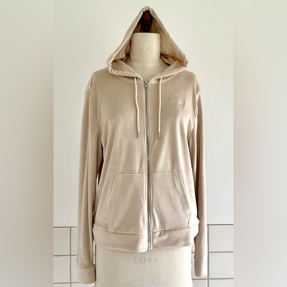 PINK Victoria's Secret Soft Beige Full Zip-Up Velour Hoodie. Large